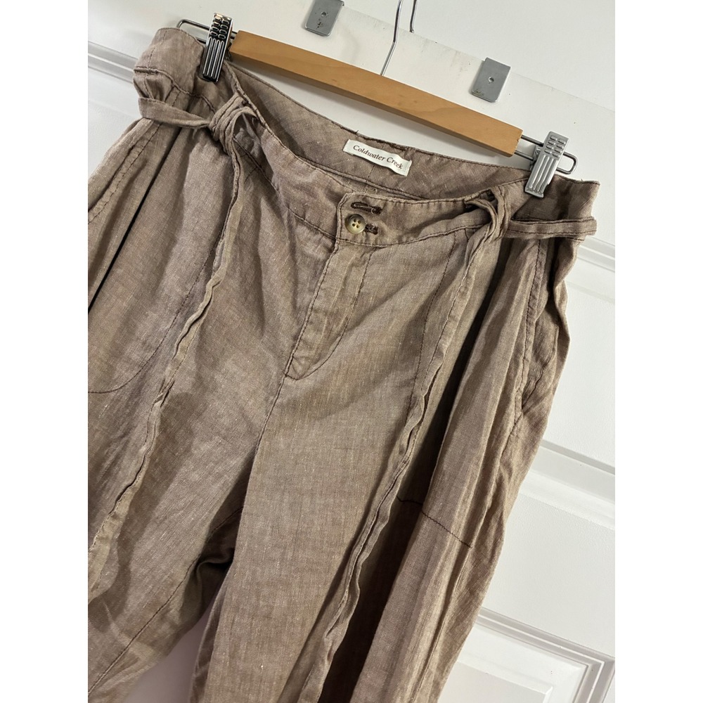 Coldwater Creek Linen Blend Wide Leg Pants Taupe Tie Waist size 14 relaxed